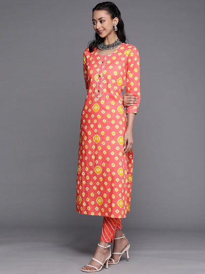 Dhiyona VA Women's Peach-Coloured Ethnic Motifs Printed Gotta Patti Cotton Kurta Set