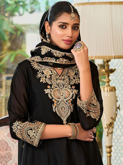 Floral Embroidered Sequinned Chinon A-Line Kurta With Palazzos & Dupatta