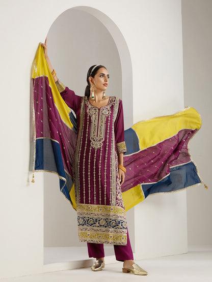 Dhiyona IS Women's Purple Ethnic Motifs Embroidered Chinon Straight Kurta With Trousers & Dupatta