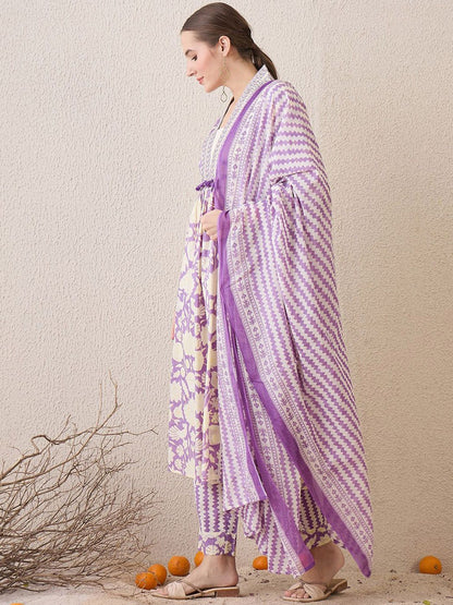 Floral Printed V-Neck Pure Cotton Straight Kurta With Trousers & Dupatta