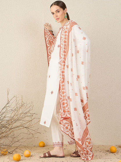 Women Floral Embroidered Cotton Kurta with Trousers & Dupatta