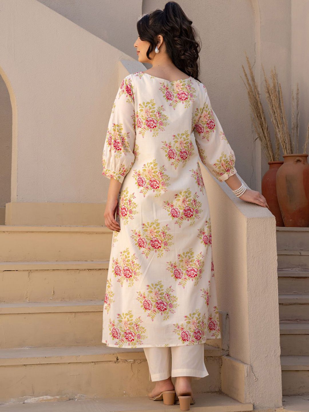 Dhiyona IE Floral Printed A Line Pure Cotton Kurta With Trousers