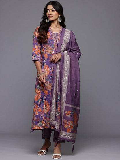 Dhiyona VA Women'sFloral Printed Pleated Sequinned Kurta With Trousers & Dupatta