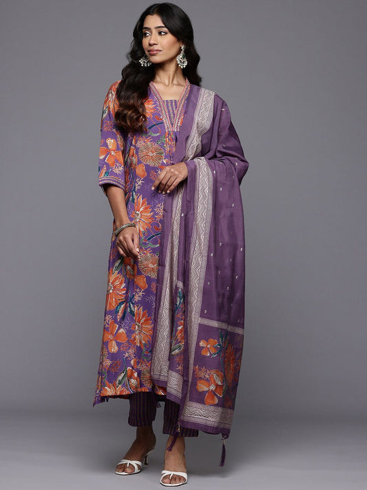 Dhiyona VA Women'sFloral Printed Pleated Sequinned Kurta With Trousers & Dupatta