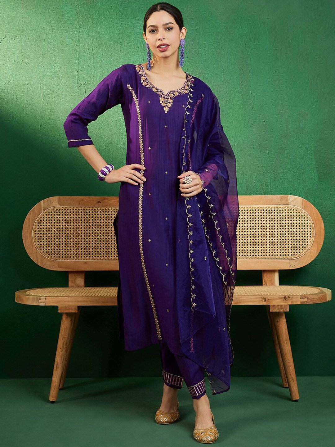 Dhiyona SN Women's Purple & Gold Toned Zari Embroidered Straight Kurta With Trouser & Dupatta