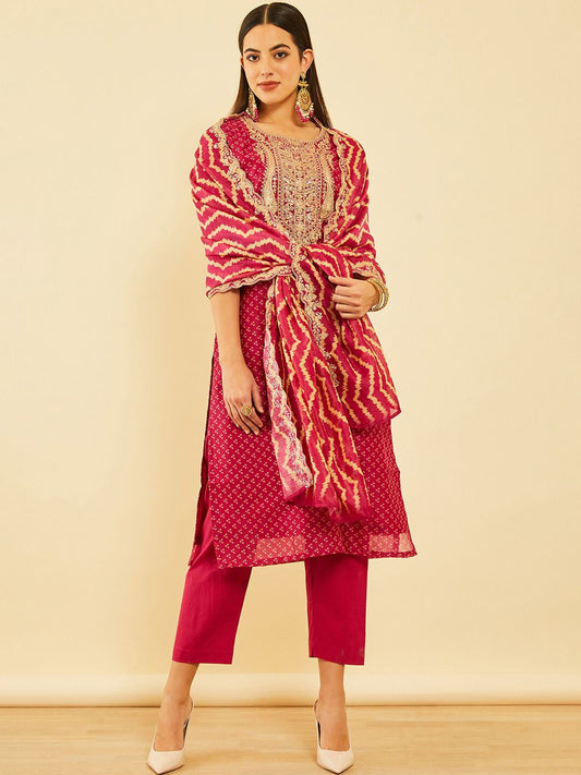 Dhiyona SO Women's Bandhani Printed Sequinned Chanderi Silk Kurta & Trousers With Dupatta