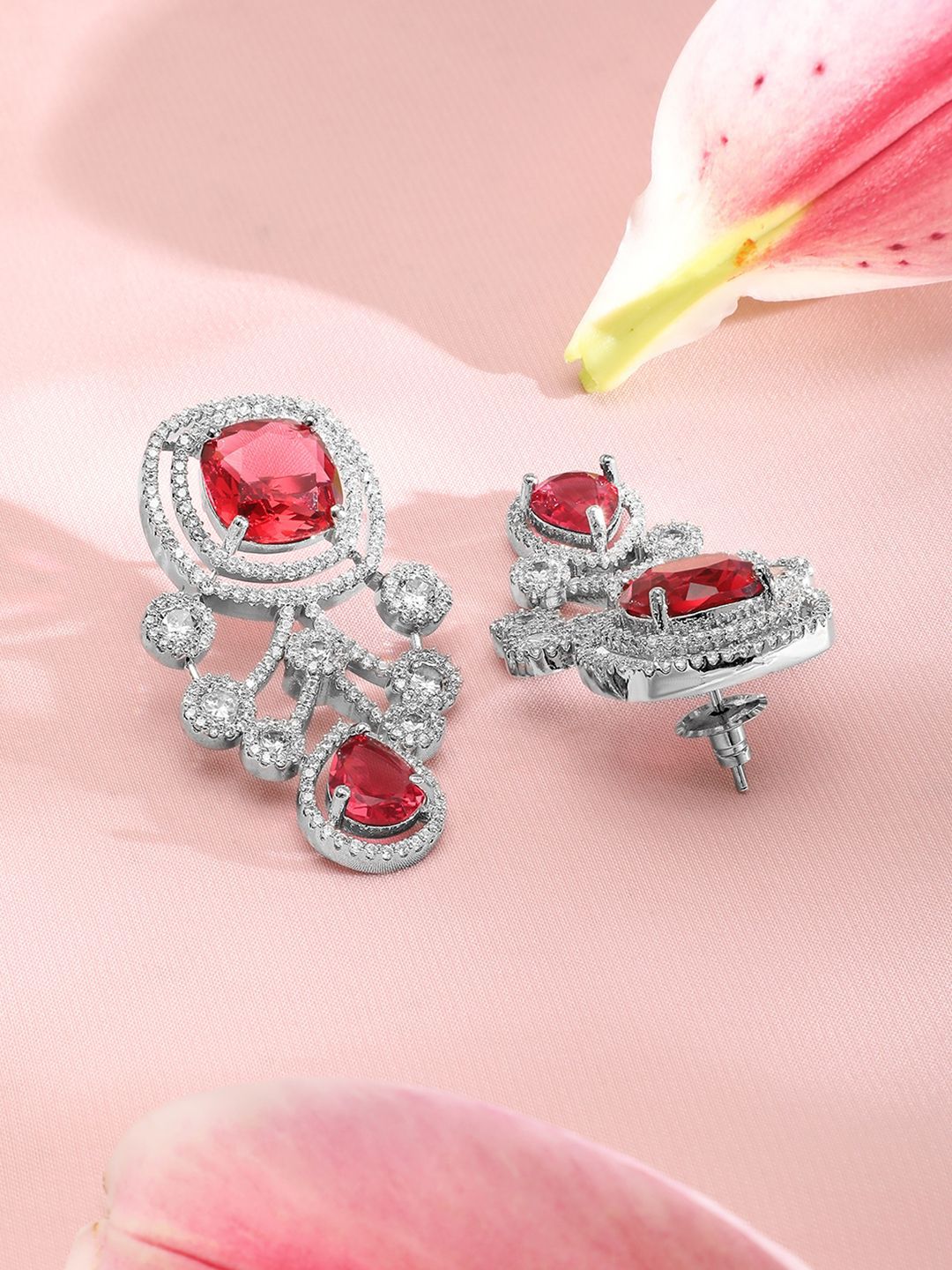 Dhiyona RJ Women's Silver-Plated Ruby Red & White Cubic Zirconia Studded Premium Jewellery Se