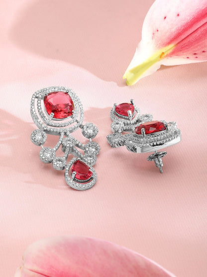 Dhiyona RJ Women's Silver-Plated Ruby Red & White Cubic Zirconia Studded Premium Jewellery Se