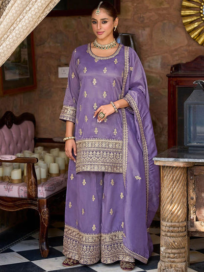 Ethnic Motifs Embroidered Round Neck Zari Straight Kurta & Palazzos With Dupatta