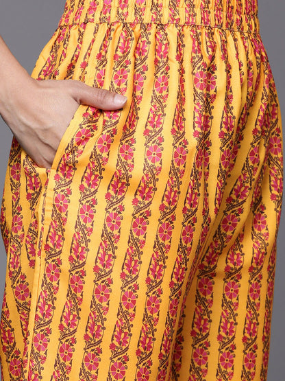 Dhiyona VA Women's Mustard Yellow & Pink Ethnic Motifs Printed Pure Cotton Kurta with Trousers