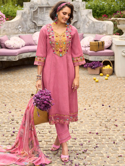 Women Floral Embroidered Thread Work Pure Cotton Kurta with Trousers & Dupatta
