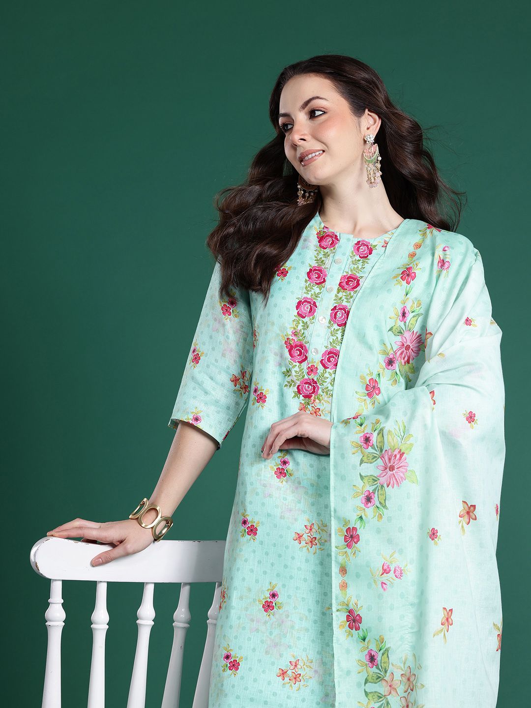 Dhiyona IE Floral Embroidered Thread Work Linen Kurta with Trousers & With Dupatta