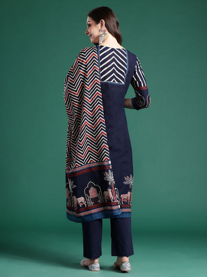 Dhiyona IE Printed Panelled Sequinned Pure Cotton Kurta With Trousers & Dupatta