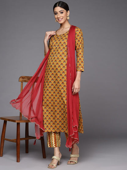 Dhiyona VA Women's Mustard Yellow Ethnic Motifs Printed Pure Cotton Kurta with Trousers & With Dupatta