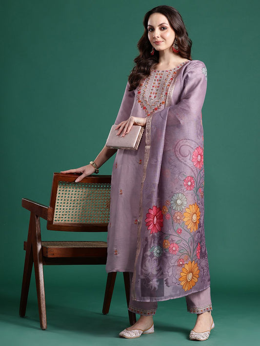 Dhiyona IE Floral Embroidered Kurta with Trousers & Dupatta