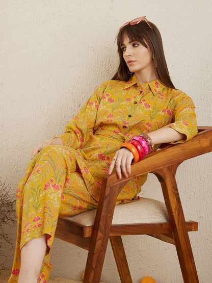 Dhiyona IE Floral Printed Shirt Collar Tunic With Trousers