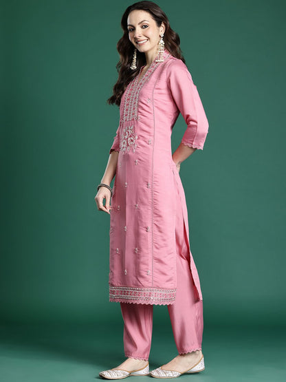 Floral Embroidered Kurta with Trousers & Dupatta