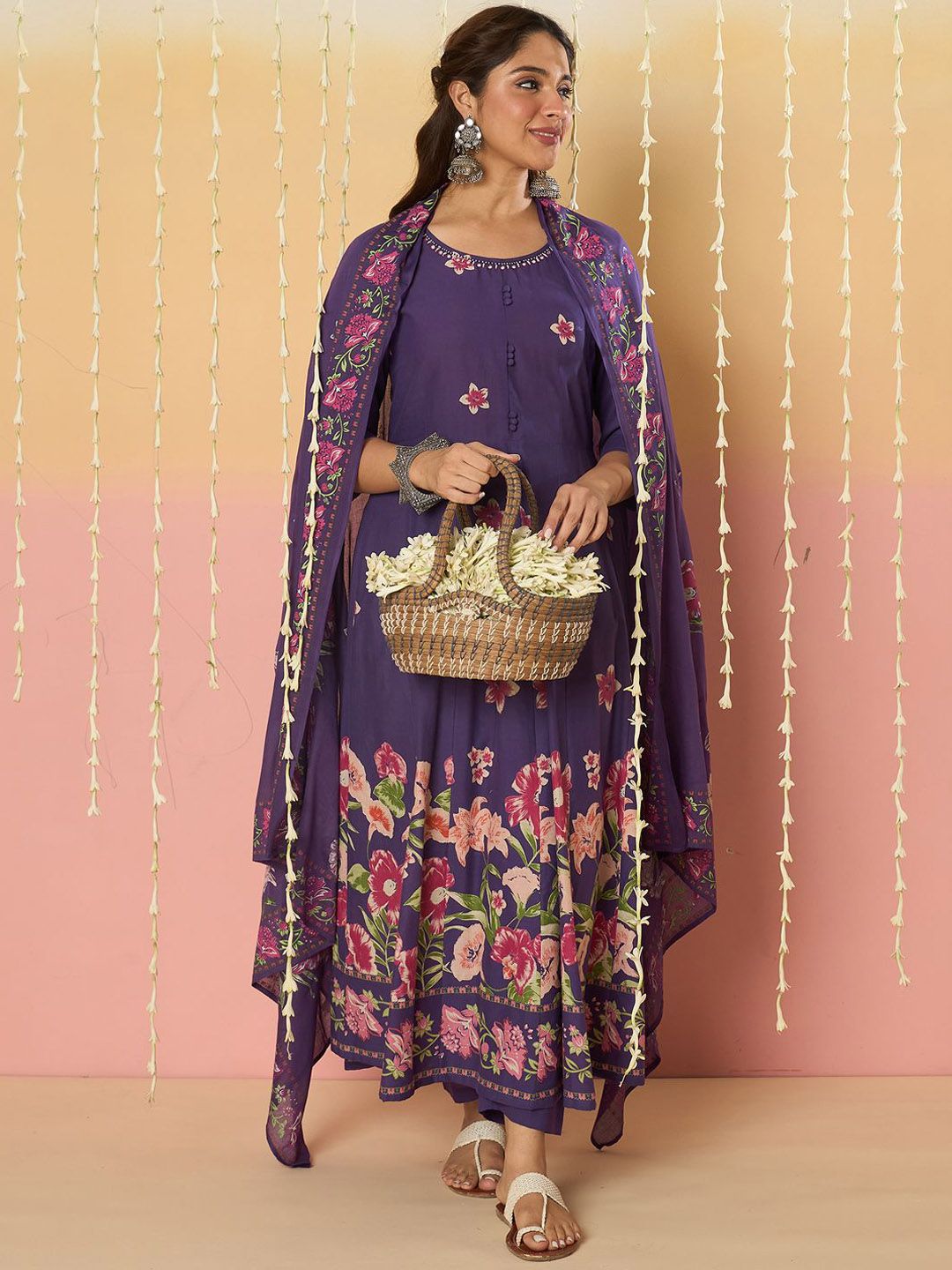 Floral Printed Round Neck Pure Cotton Anarkali With Trousers & Dupatta