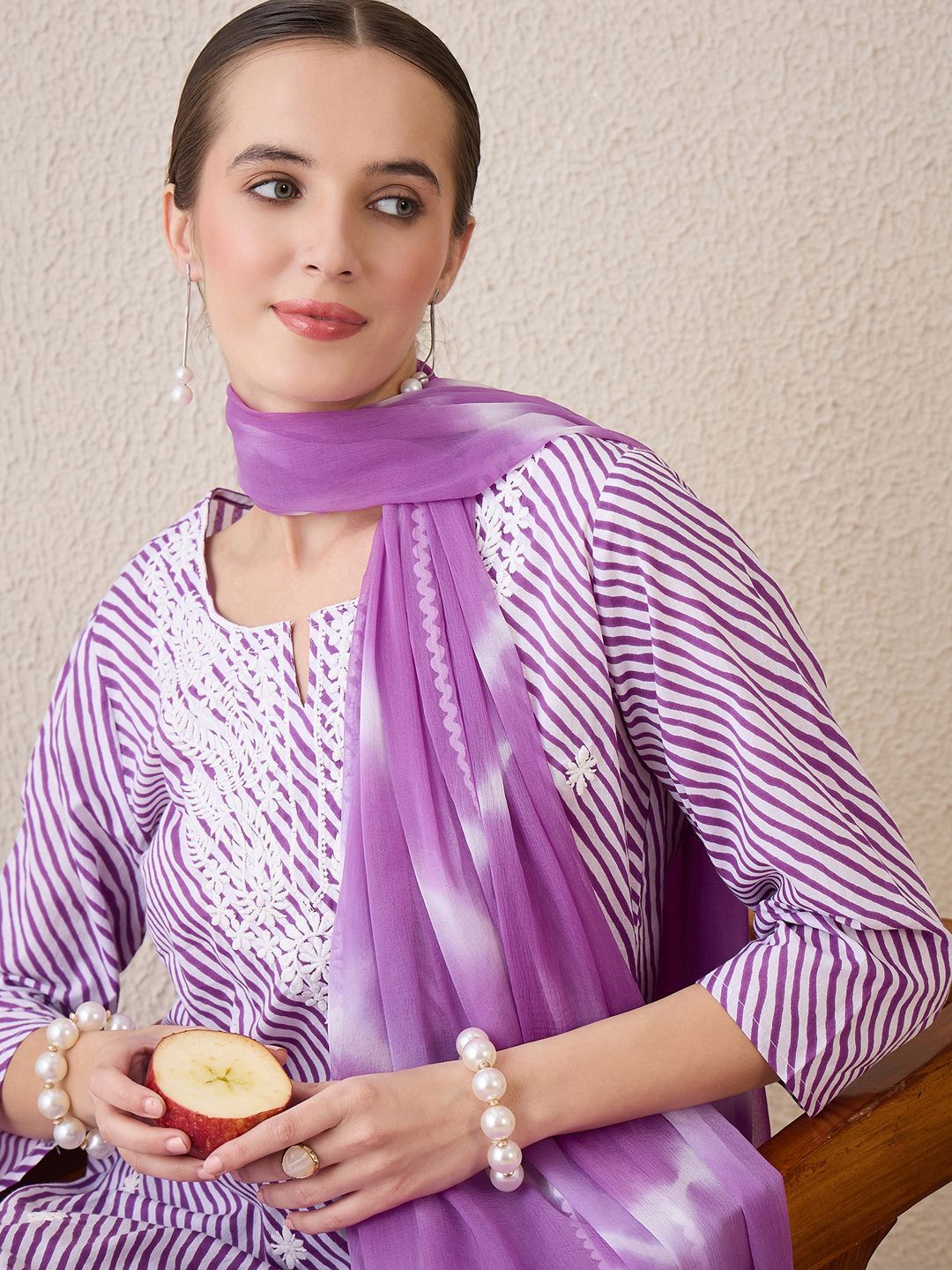 Dhiyona IE Floral Embroidered Round Neck Pure Cotton Straight Kurta With Trousers & Dupatta