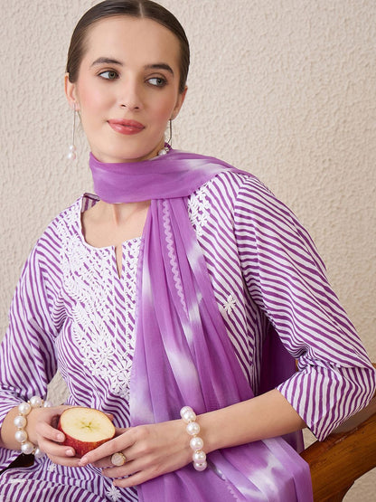 Dhiyona IE Floral Embroidered Round Neck Pure Cotton Straight Kurta With Trousers & Dupatta