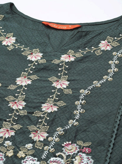 Dhiyona IE Women Green Ethnic Motifs Embroidered Kurta with Trousers & With Dupatta