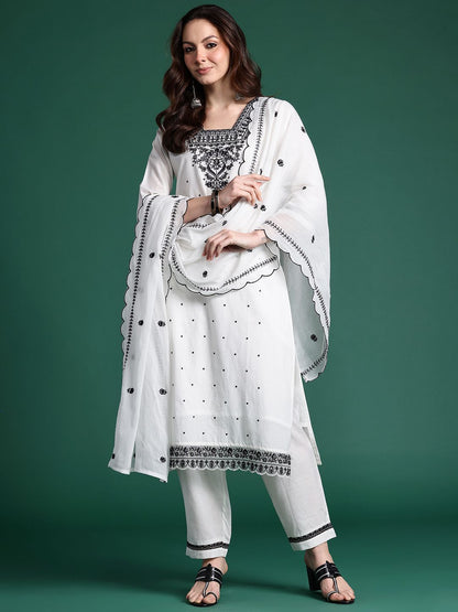 Dhiyona IE Floral Embroidered Pure Cotton Kurta with Trousers & Dupatta