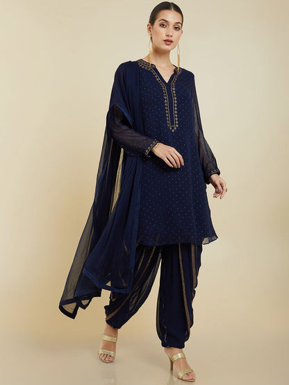 Dhiyona SO Women's Women Ethnic Motifs Silk Georgette Kurta with Dhoti Pants & With Dupatta