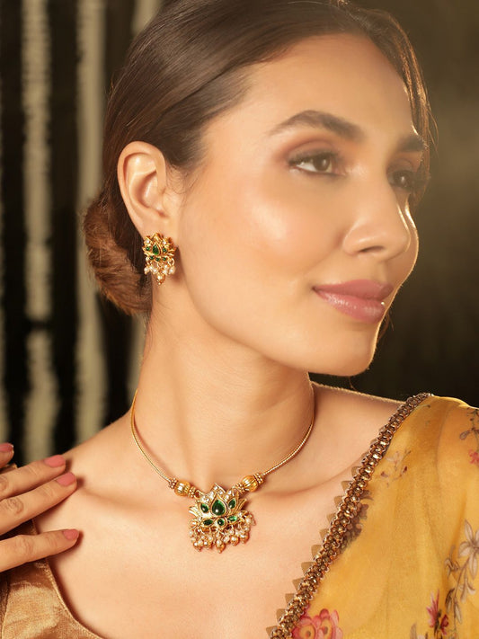 Dhiyona RJ Women's 22K Gold Plated 2 In 1 Lotus Motif Ruby & Emerald Stone Studded Jewellery Set