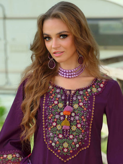 Floral Yoke Design Tie-Up Neck Thread Work A-Line Kurta & Trousers With Dupatta