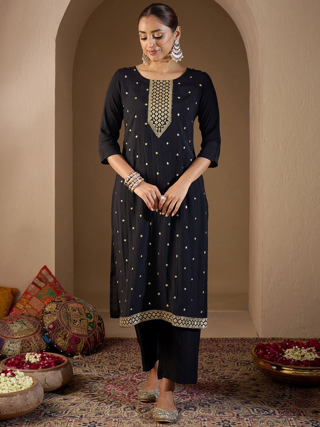 Women Ethnic Motifs Embroidered Regular Sequinned Kurta with Trousers & With Dupatta