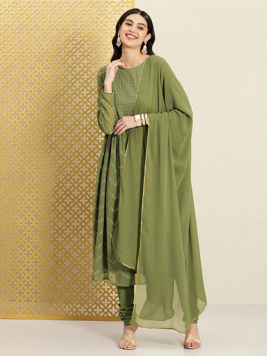 Dhiyona PD Women Jashn Ethnic Motifs Embroidered Sequinned Kurta & Churidar With Dupatta