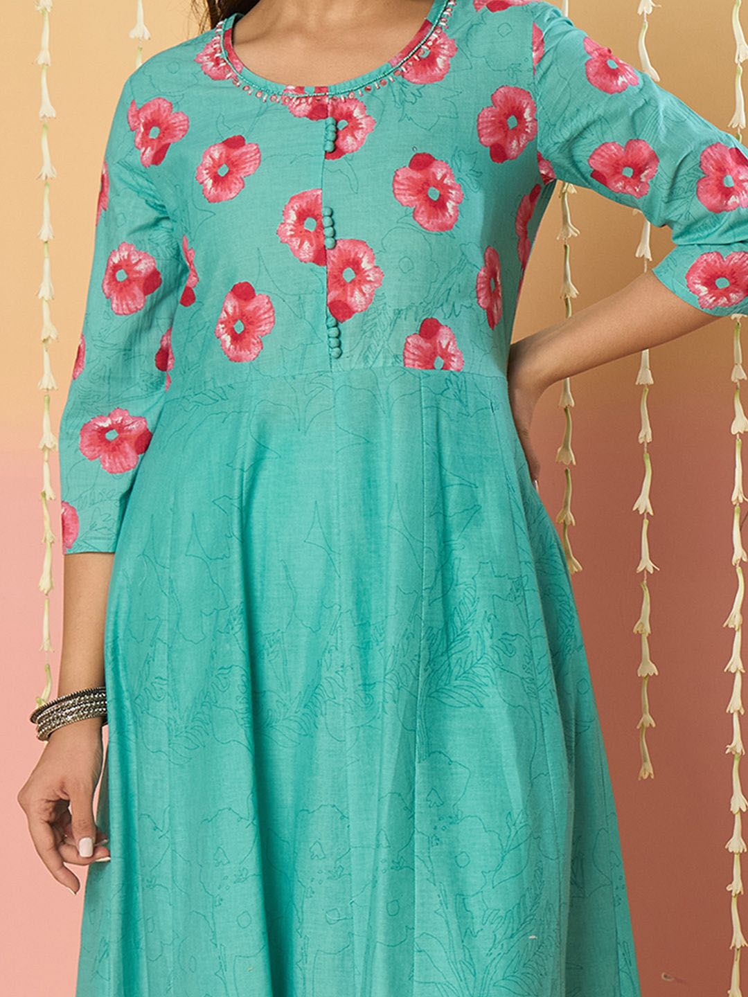 Floral Printed Pure Cotton Anarkali Kurta With Trousers & Dupatta