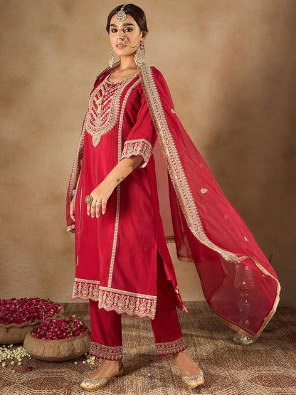 Women Ethnic Motifs Embroidered Panelled Kurta with Trousers & With Dupatta