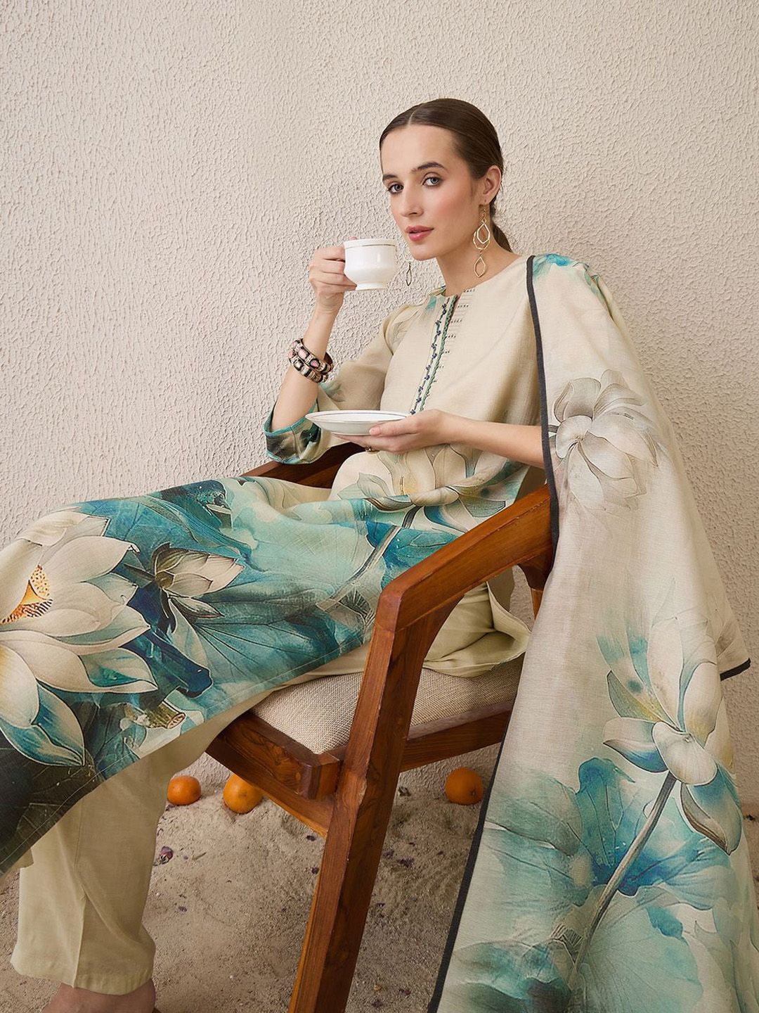 Dhiyona IE Floral Printed Notch Neck Beads & Stones Straight Kurta With Trousers & Dupatta