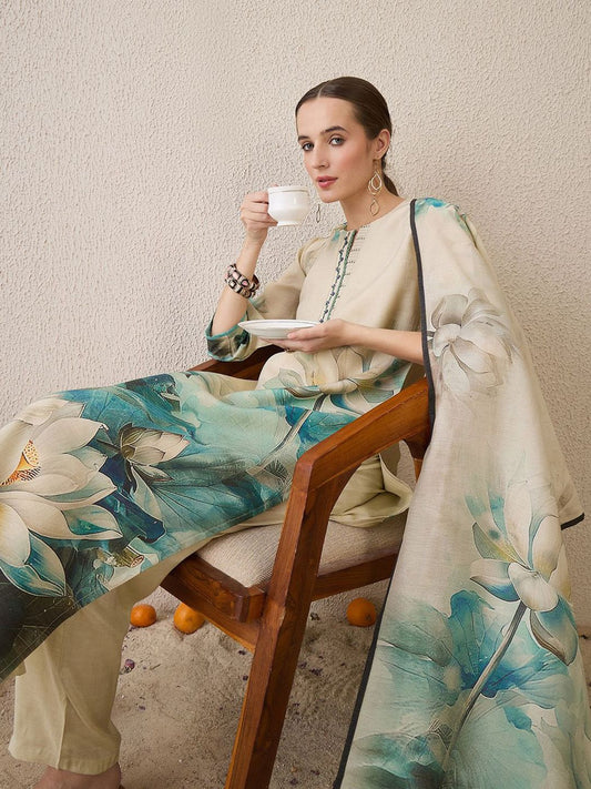 Dhiyona IE Floral Printed Notch Neck Beads & Stones Straight Kurta With Trousers & Dupatta