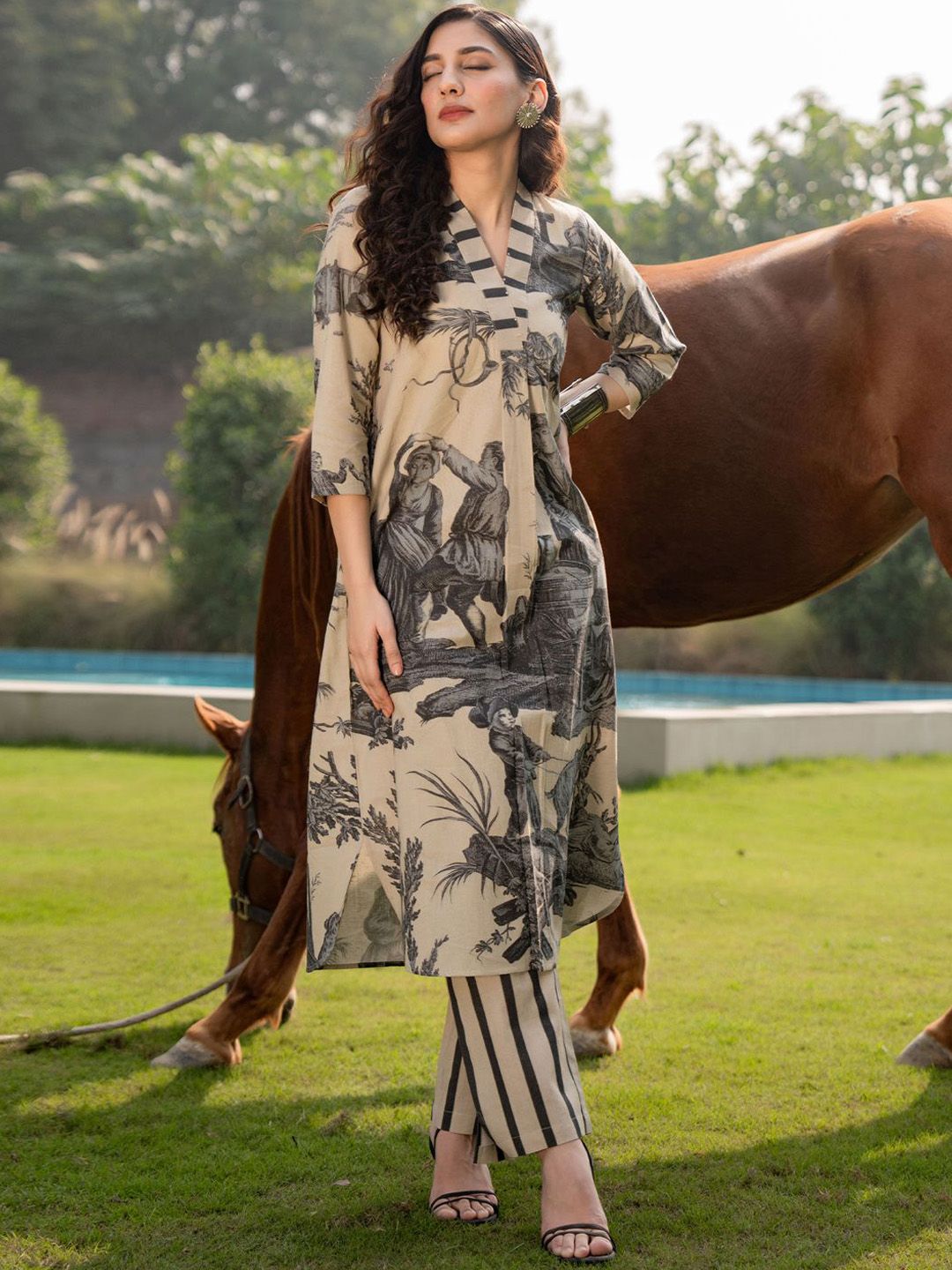 Tribal Printed V-Neck Linen Straight Kurta With Trouser