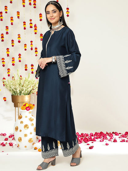 Dhiyona VA Women'sEthnic Motifs Zari Embroidered Regular Kurta With Trousers & With Dupatta