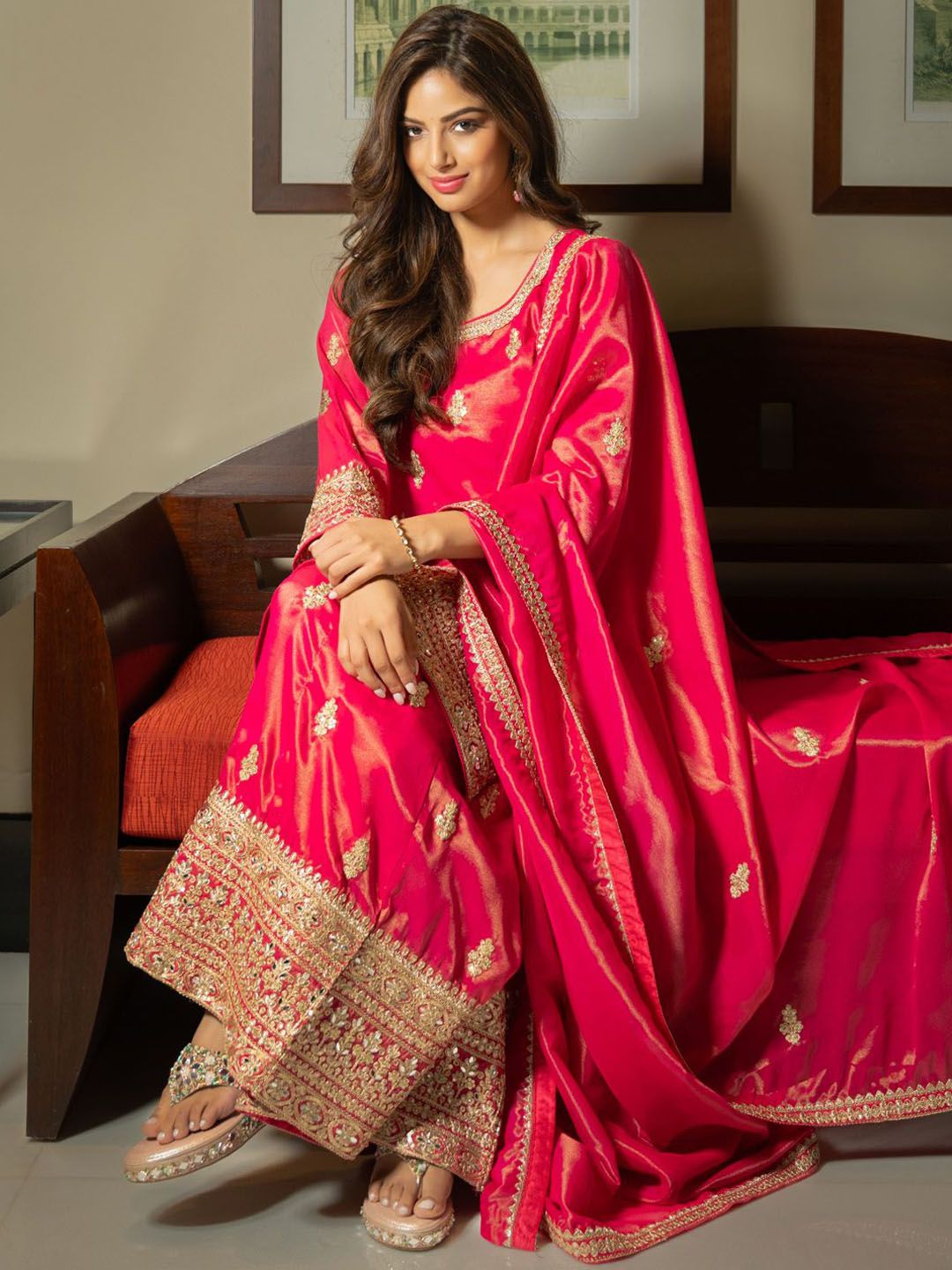 Floral Embroidered Sequnnied Straight Kurta With Palazzos & Dupatta