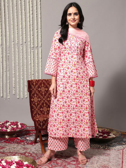 Dhiyona VA Women'sFloral Printed Pure Cotton A-Line Kurta With Trousers & Dupatta