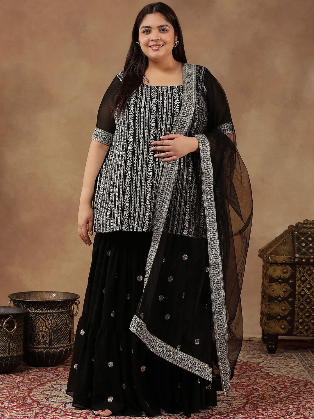 Dhiyona IN Size Floral Embroidered Thread Work Straight Kurta With Sharara & Dupatta