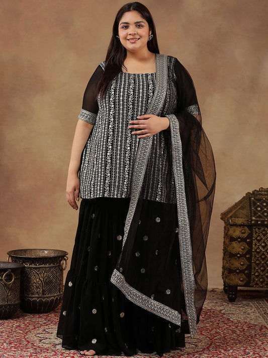 Dhiyona IN Size Floral Embroidered Thread Work Straight Kurta With Sharara & Dupatta