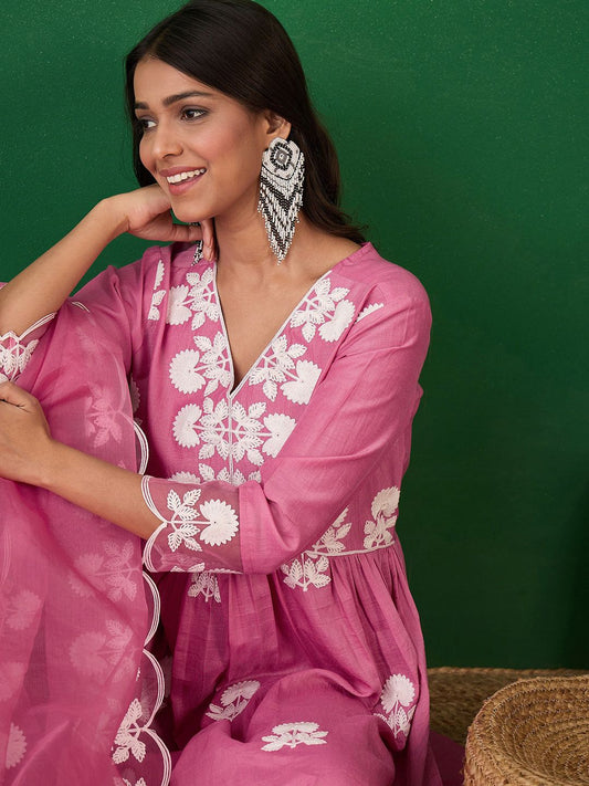 Dhiyona SN Women's Floral Embroidered V-Neck A-Line Kurta With Trousers & Dupatta