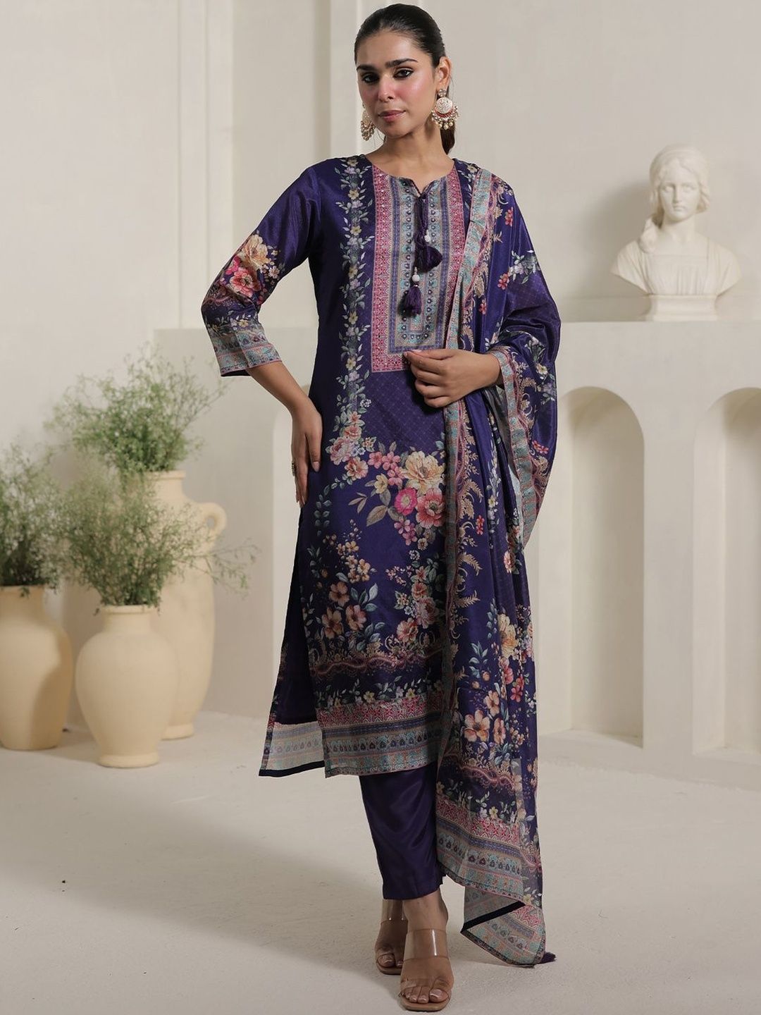 Dhiyona IE Motif Printed Notch Neck Chinon Mirror Work Straight Kurta & Palazzo With Dupatta