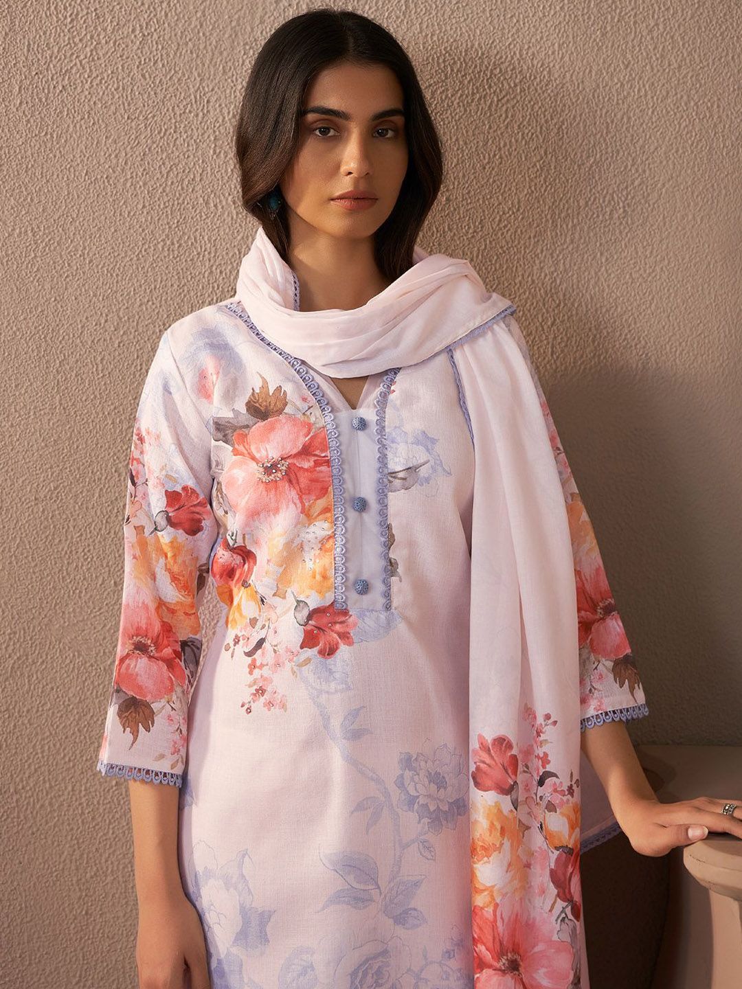 Floral Printed Beads and Stones Linen Straight Kurta with Trousers & Dupatta