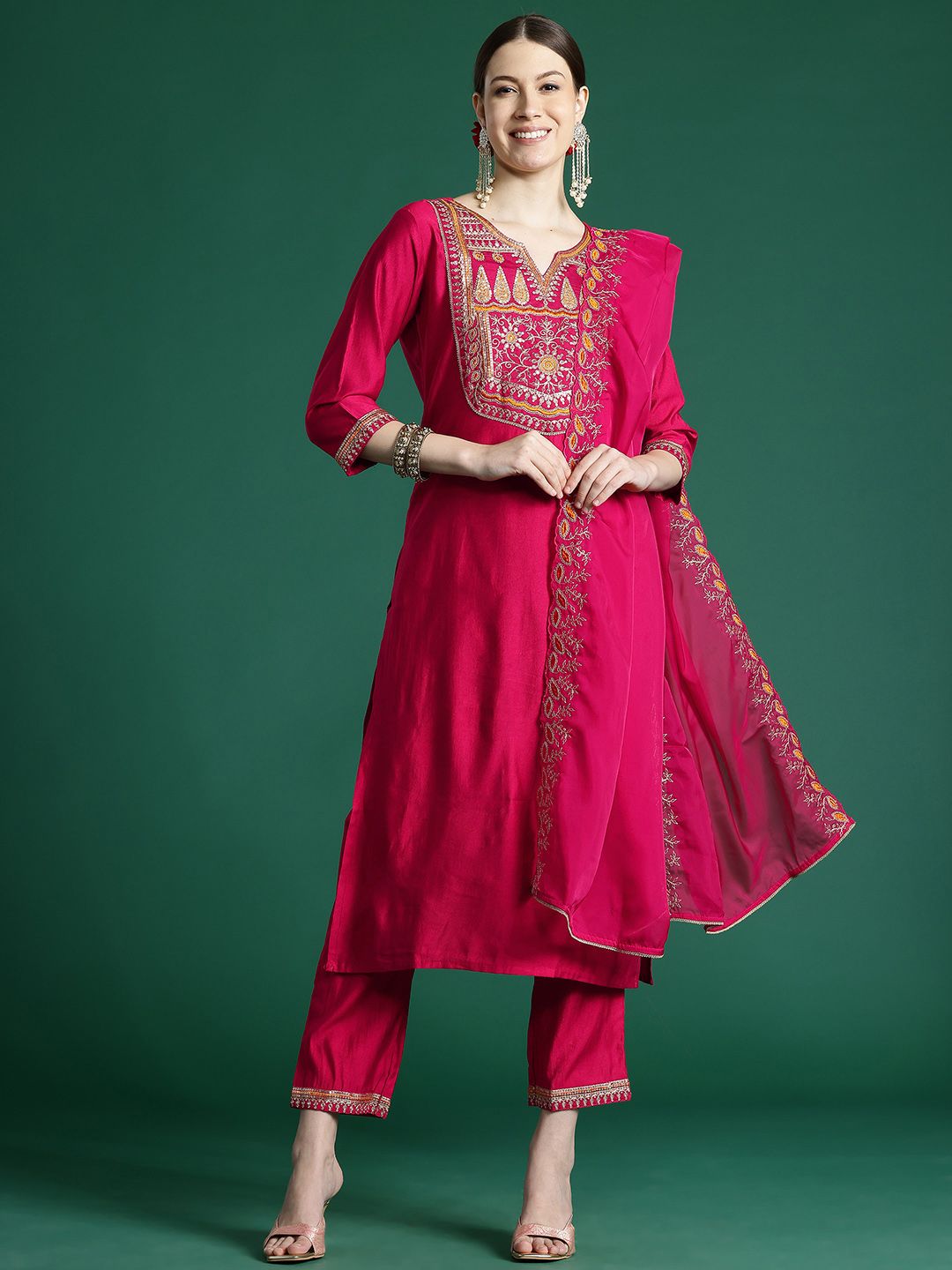 Dhiyona IE Women Ethnic Motifs Embroidered Regular Sequinned Liva Kurta with Trousers & With Dupatta