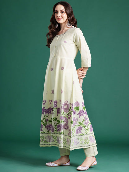 Floral Printed Beads & Stones Pure Cotton Kurta With Trousers & Dupatta