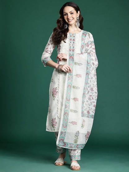 Dhiyona IE Floral Printed Panelled Kurta with Trousers & Dupatta