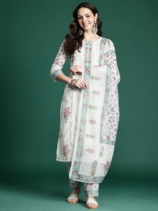 Dhiyona IE Floral Printed Panelled Kurta with Trousers & Dupatta