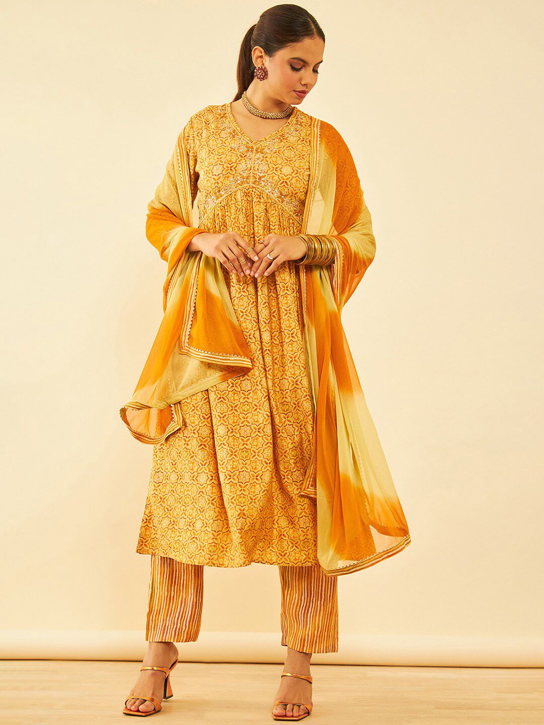 Dhiyona SO Women's Printed Zardozi Kurta with Trousers & With Dupatta