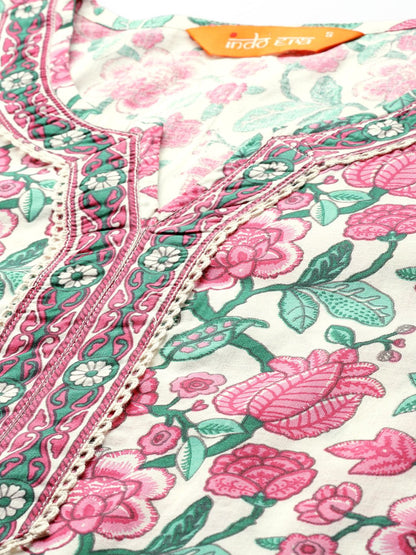 Dhiyona IE Floral Printed Regular Pure Cotton Kurta with Trousers & Dupatta